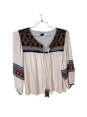 Piper & Scoot Beige Boho Blouse Womens Embroidered Long Sleeve Tassels Large